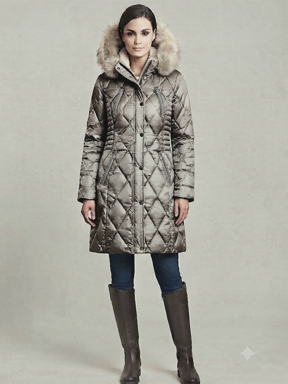 Laundry by Design Quilted Puffer Coat with Fur-Trim Hood - Size L - Taupe